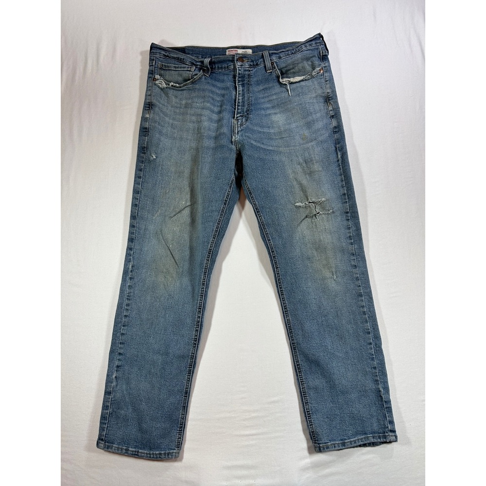 Signature by Levi Strauss Men 36x30 Blue Distressed Straight Jeans